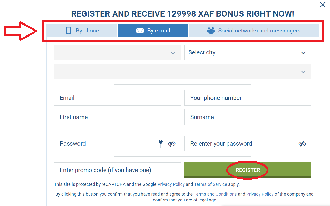 1xBet registration By email